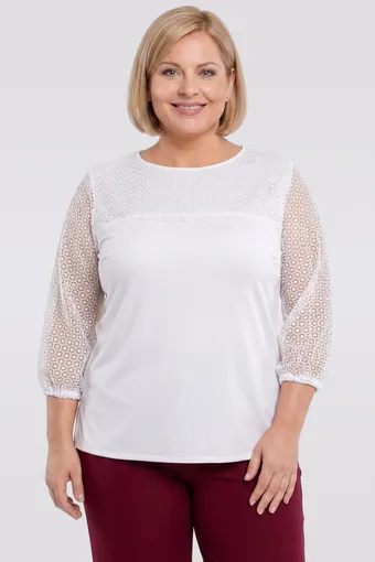 Valge pluus tumesiniste täppide ja paeltega